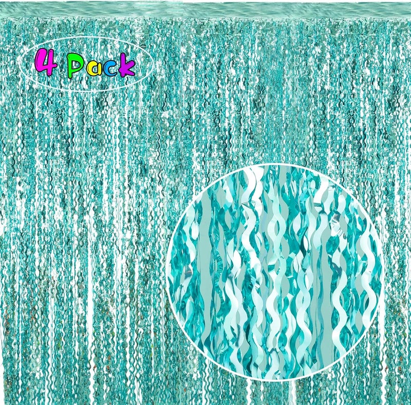 KEEUH 4 Pack 3.3 ft x 6.6 ft Wavy Aqua Teal Blue Tinsel Foil Fringe Curtains Backdrop - Wave Metallic Foil Curtains for Wedding Girl Princess Bachelorette Euphoria Theme Party Decoration - Image 1